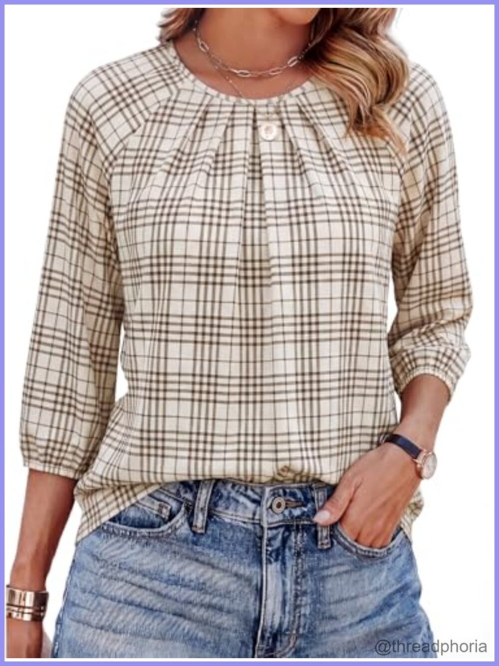 Womens 3/4 Sleeve Pleated Front Crew Neck Blouse Tunic Business Casual